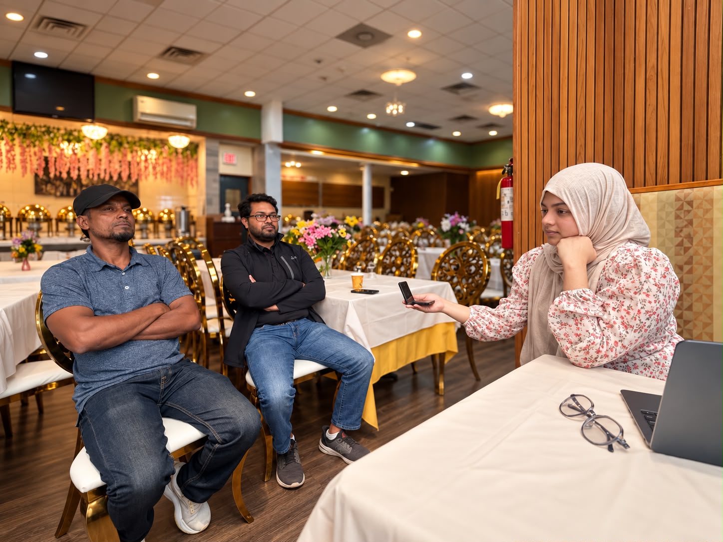 Three people sit at a table in a decorated restaurant during an interview